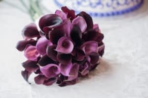 Purple calla lilies wedding bouquet