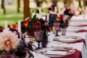 Wedding decor on long guest table