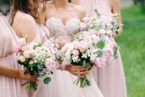 Bridesmaid's bouquets, wedding bouquets. Stylish wedding. Contemporary fashion wedding trends. Elegant beautiful style. Modern wedding concept.