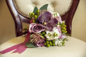 Beautiful wedding bouquet sitting on a chair