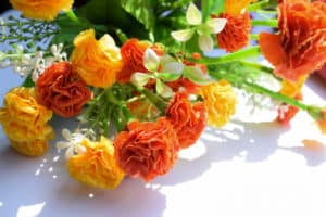 Flowers of yellow and orange carnations with leaves and ferns on white background.